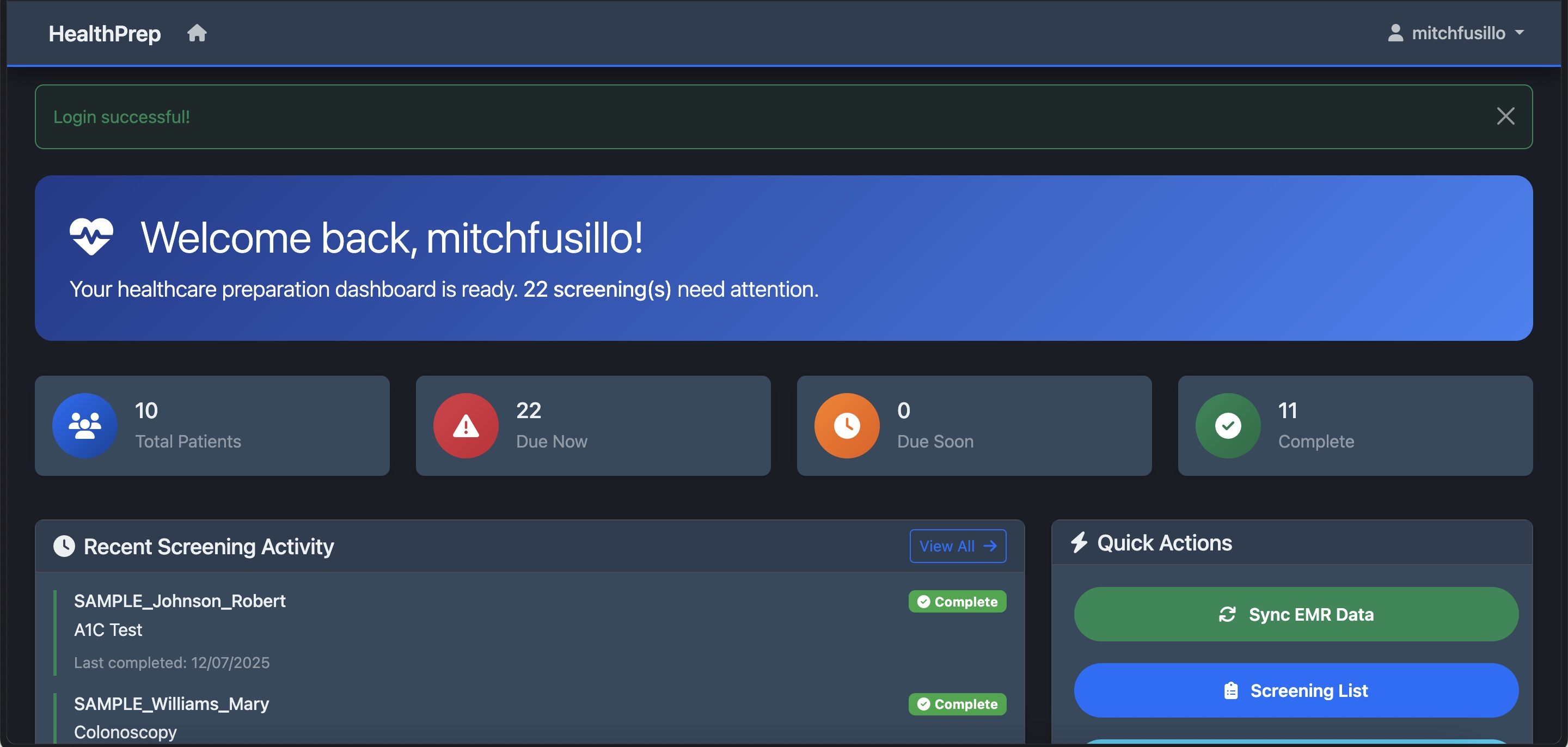 Health Prep dashboard - instant metrics overview