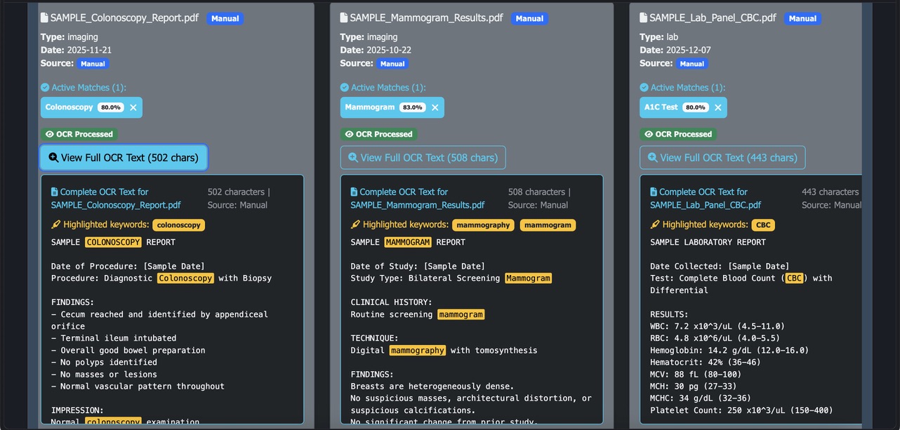 Health Prep OCR - auto-matched documents with highlighting
