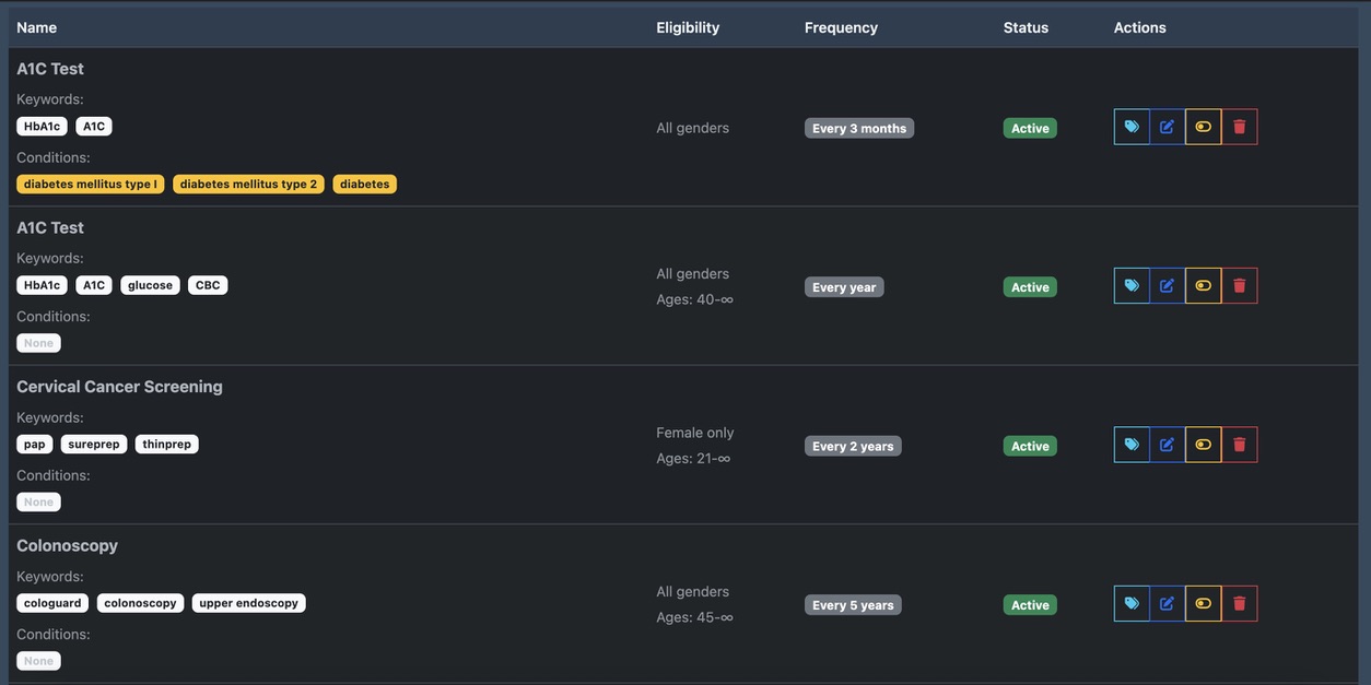 Health Prep screening types - configurable protocols